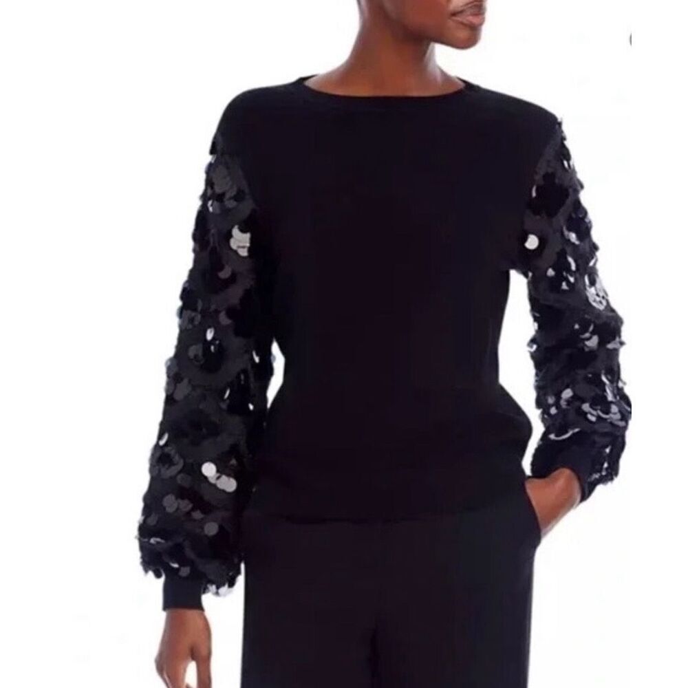 Sioni Milano Black Illusion Sheer Floral Embellished Sleeve Sweater Size Small